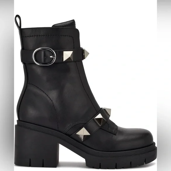 Nine West Mid Ankle Black Lug  Chunky Silver Stud Biker Moto Boots 9.5 - Picture 2 of 6